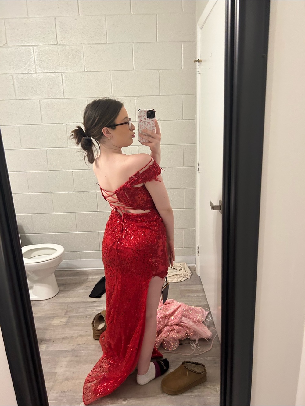 Off-Shoulder Red Sequin Prom Gown with Lace-Up Back